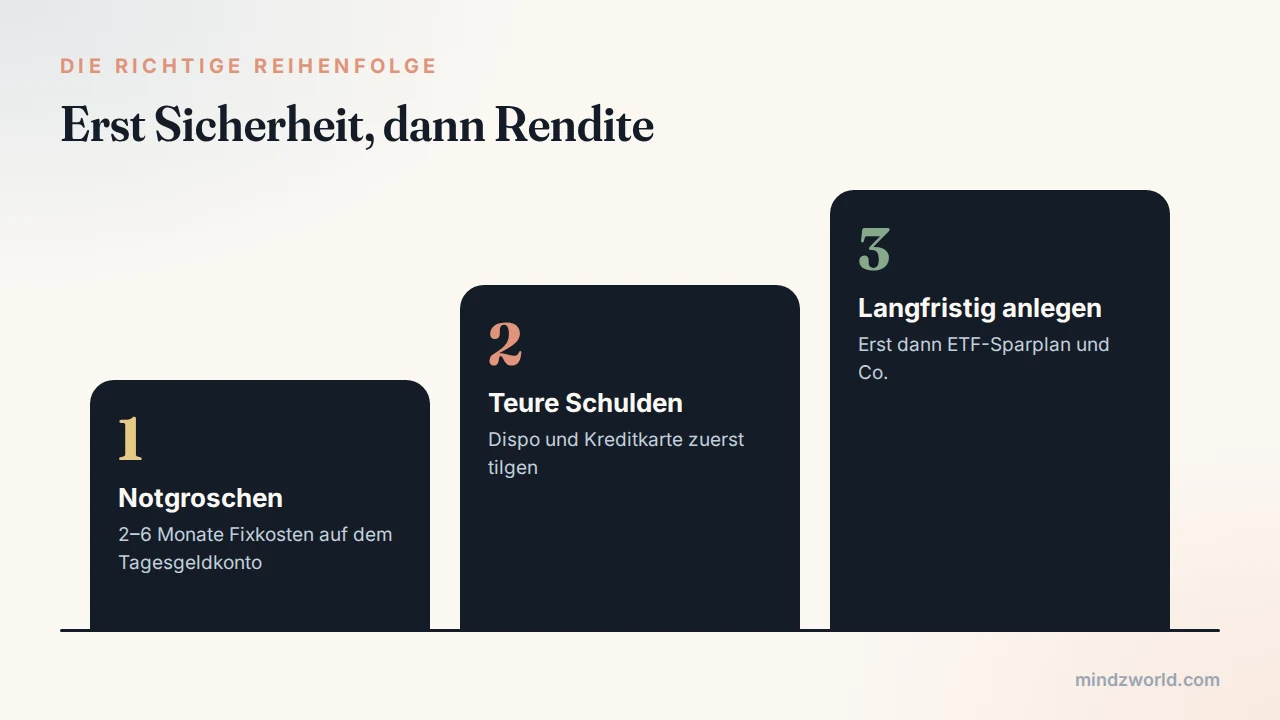 Reihenfolge beim Sparen: erst Notgroschen, dann Schulden tilgen, dann ETF